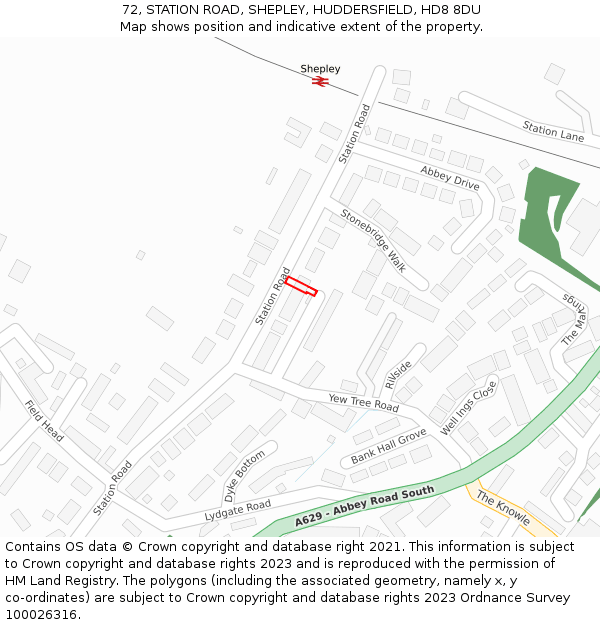 72, STATION ROAD, SHEPLEY, HUDDERSFIELD, HD8 8DU: Location map and indicative extent of plot