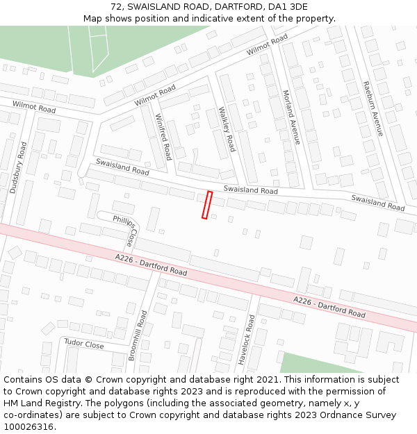 72, SWAISLAND ROAD, DARTFORD, DA1 3DE: Location map and indicative extent of plot