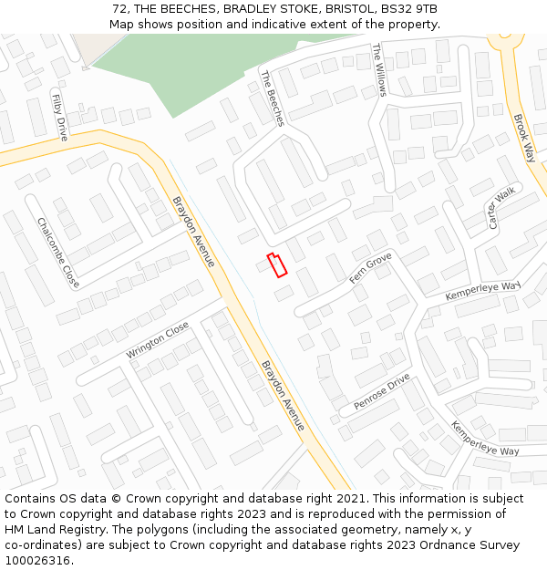 72, THE BEECHES, BRADLEY STOKE, BRISTOL, BS32 9TB: Location map and indicative extent of plot