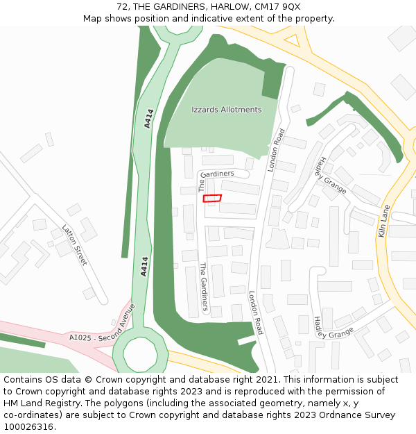 72, THE GARDINERS, HARLOW, CM17 9QX: Location map and indicative extent of plot