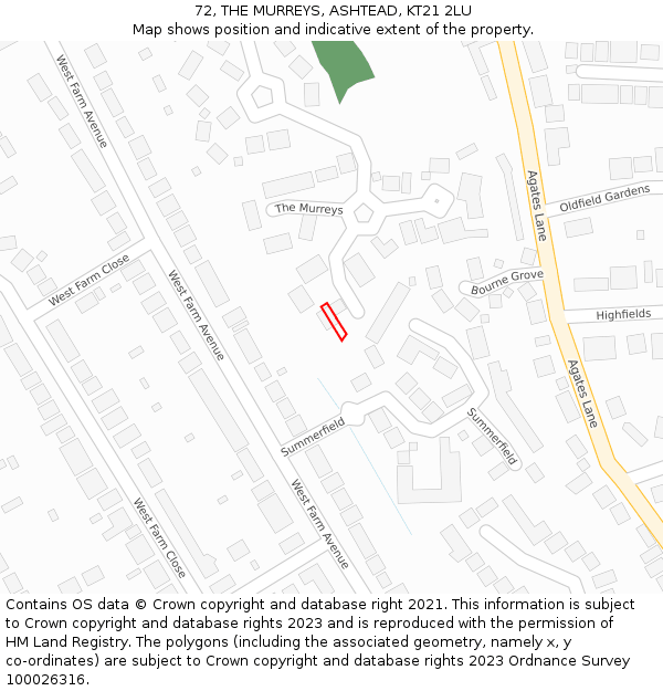 72, THE MURREYS, ASHTEAD, KT21 2LU: Location map and indicative extent of plot