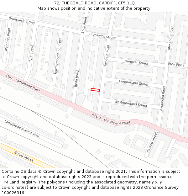 72, THEOBALD ROAD, CARDIFF, CF5 1LQ: Location map and indicative extent of plot