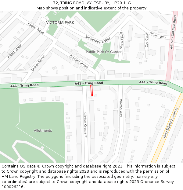 72, TRING ROAD, AYLESBURY, HP20 1LG: Location map and indicative extent of plot