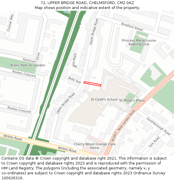 72, UPPER BRIDGE ROAD, CHELMSFORD, CM2 0AZ: Location map and indicative extent of plot