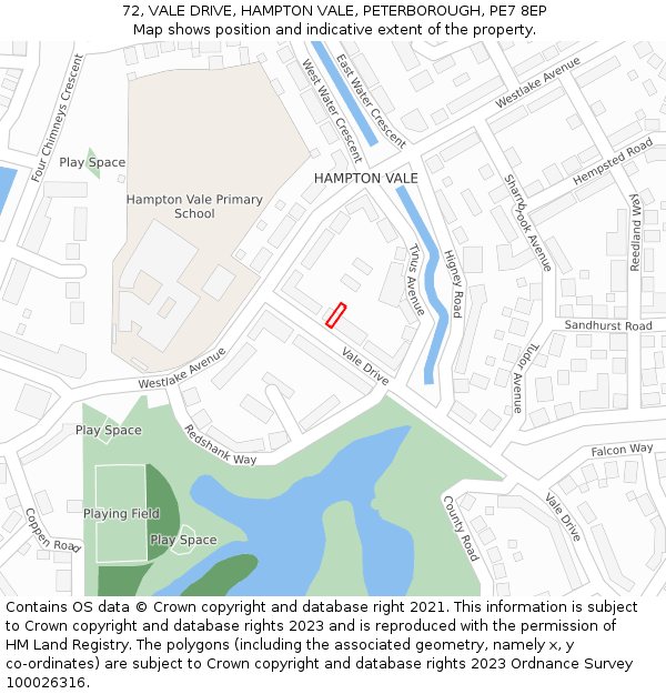 72, VALE DRIVE, HAMPTON VALE, PETERBOROUGH, PE7 8EP: Location map and indicative extent of plot