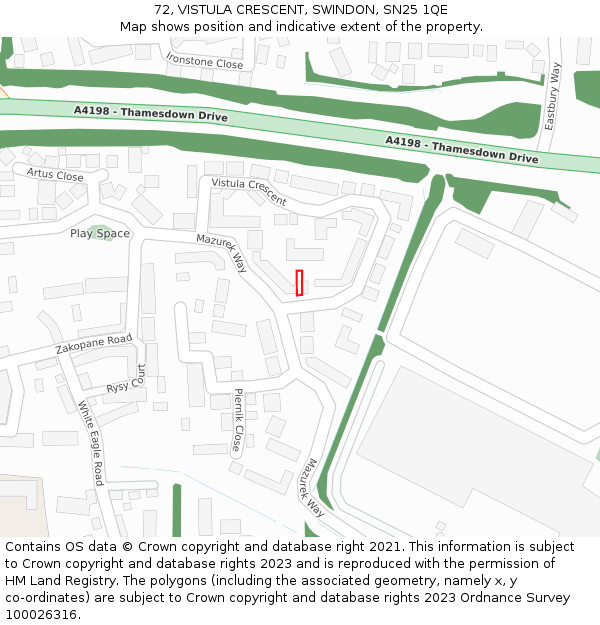 72, VISTULA CRESCENT, SWINDON, SN25 1QE: Location map and indicative extent of plot