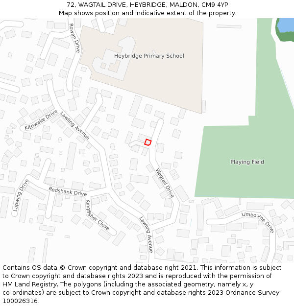72, WAGTAIL DRIVE, HEYBRIDGE, MALDON, CM9 4YP: Location map and indicative extent of plot
