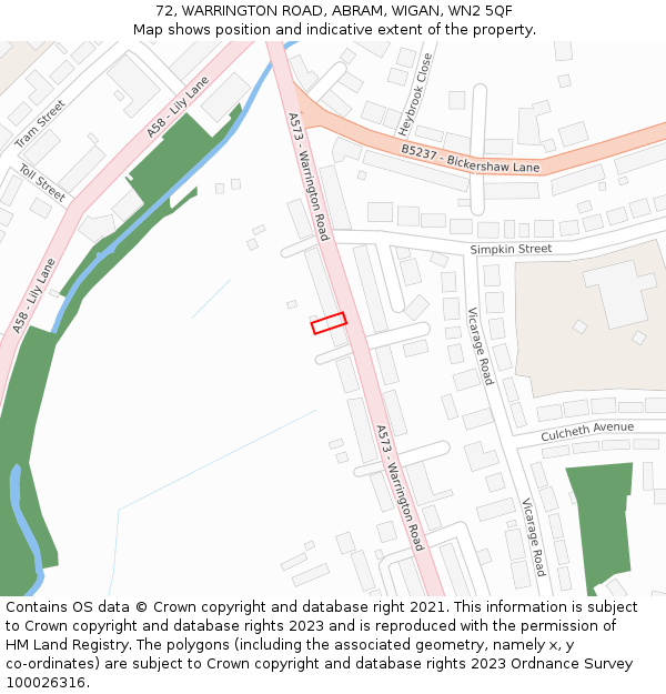 72, WARRINGTON ROAD, ABRAM, WIGAN, WN2 5QF: Location map and indicative extent of plot