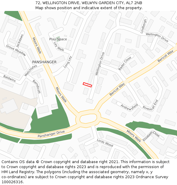72, WELLINGTON DRIVE, WELWYN GARDEN CITY, AL7 2NB: Location map and indicative extent of plot