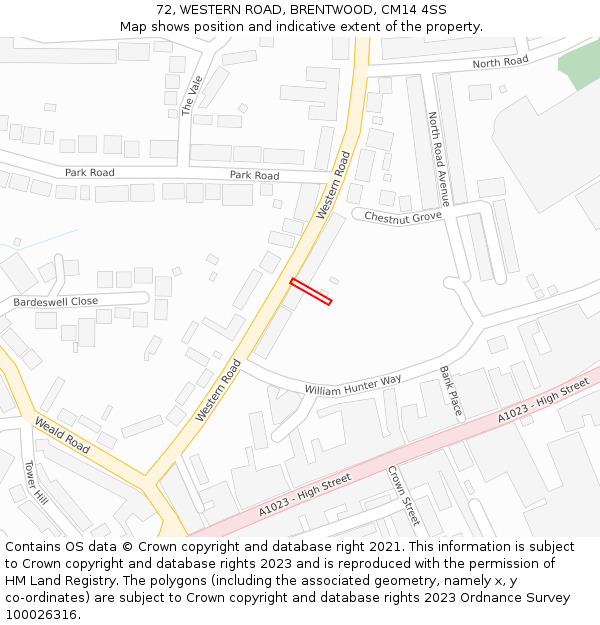 72, WESTERN ROAD, BRENTWOOD, CM14 4SS: Location map and indicative extent of plot