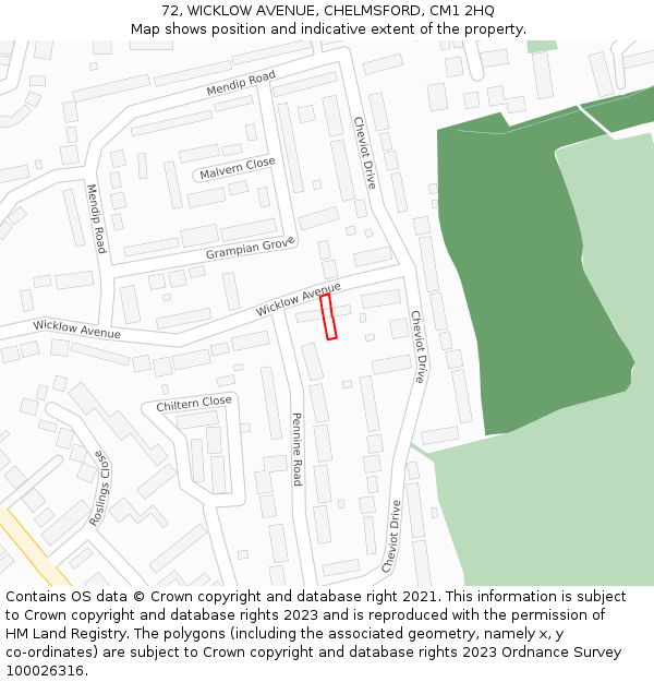 72, WICKLOW AVENUE, CHELMSFORD, CM1 2HQ: Location map and indicative extent of plot
