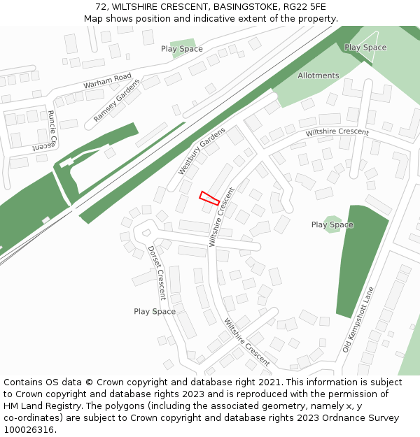 72, WILTSHIRE CRESCENT, BASINGSTOKE, RG22 5FE: Location map and indicative extent of plot