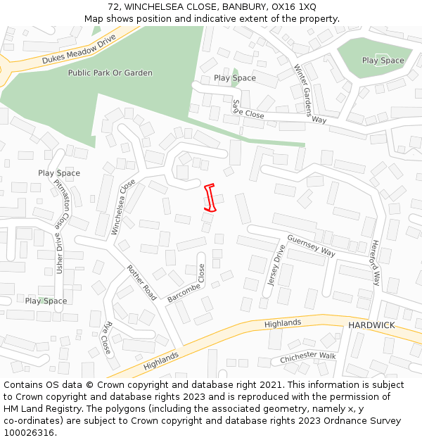 72, WINCHELSEA CLOSE, BANBURY, OX16 1XQ: Location map and indicative extent of plot