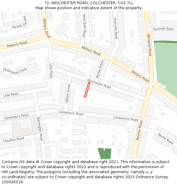 72, WINCHESTER ROAD, COLCHESTER, CO2 7LL: Location map and indicative extent of plot