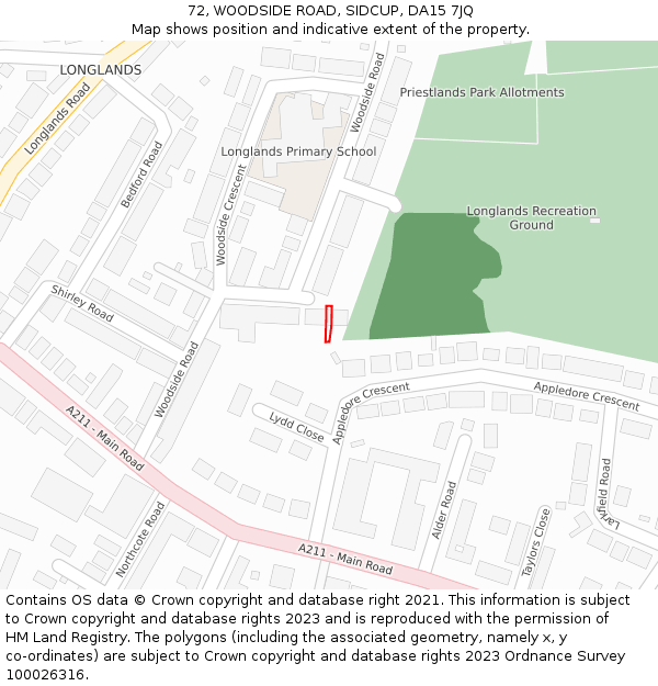 72, WOODSIDE ROAD, SIDCUP, DA15 7JQ: Location map and indicative extent of plot