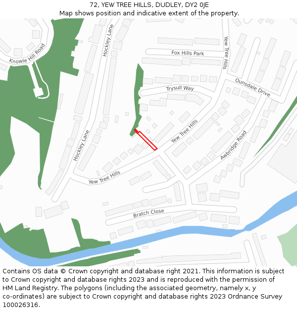 72, YEW TREE HILLS, DUDLEY, DY2 0JE: Location map and indicative extent of plot
