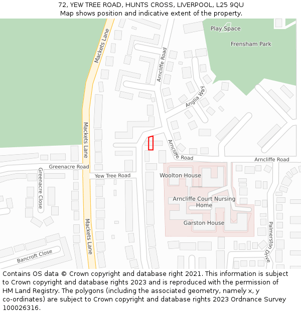 72, YEW TREE ROAD, HUNTS CROSS, LIVERPOOL, L25 9QU: Location map and indicative extent of plot