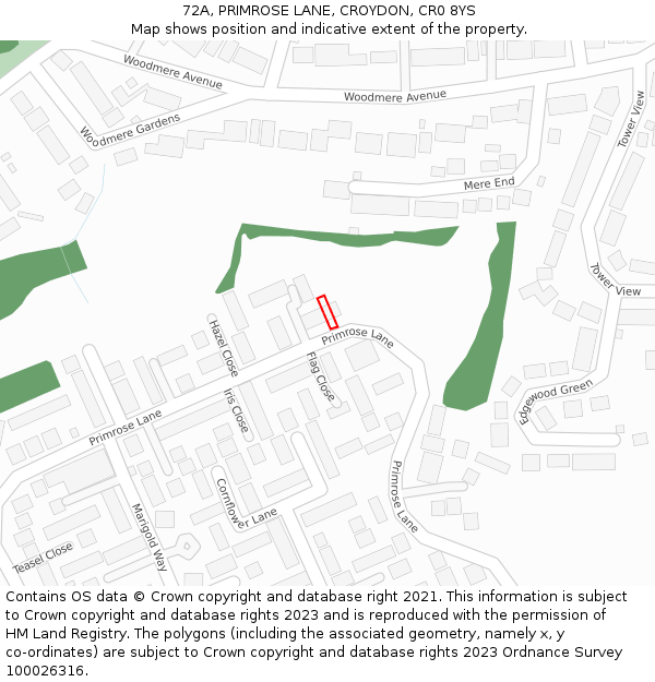 72A, PRIMROSE LANE, CROYDON, CR0 8YS: Location map and indicative extent of plot