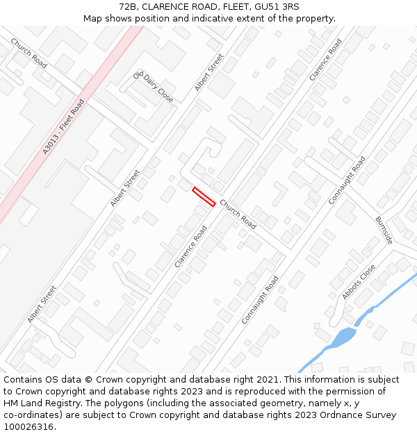 72B, CLARENCE ROAD, FLEET, GU51 3RS: Location map and indicative extent of plot