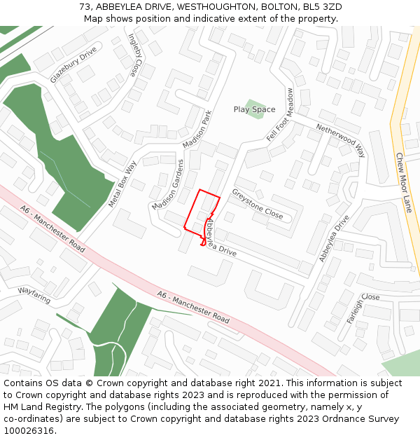 73, ABBEYLEA DRIVE, WESTHOUGHTON, BOLTON, BL5 3ZD: Location map and indicative extent of plot