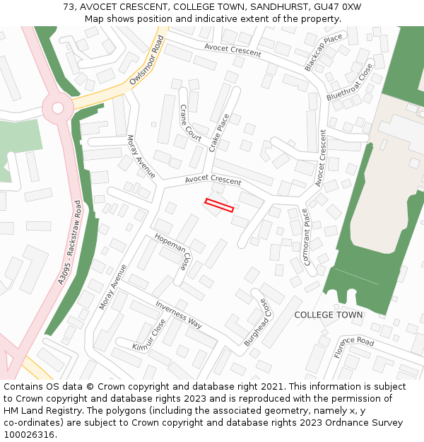 73, AVOCET CRESCENT, COLLEGE TOWN, SANDHURST, GU47 0XW: Location map and indicative extent of plot