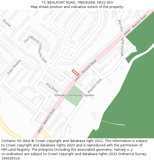 73, BEAUFORT ROAD, TREDEGAR, NP22 4NY: Location map and indicative extent of plot