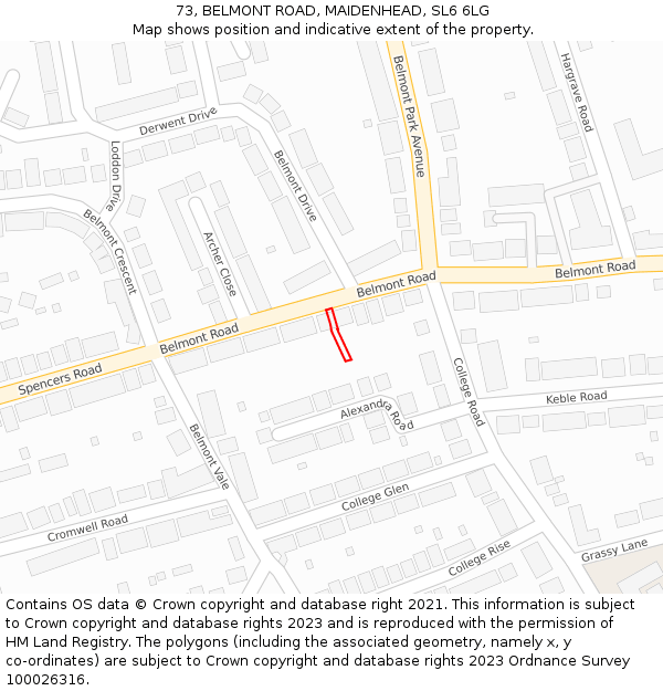 73, BELMONT ROAD, MAIDENHEAD, SL6 6LG: Location map and indicative extent of plot