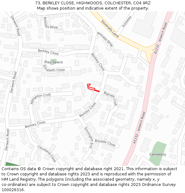 73, BERKLEY CLOSE, HIGHWOODS, COLCHESTER, CO4 9RZ: Location map and indicative extent of plot