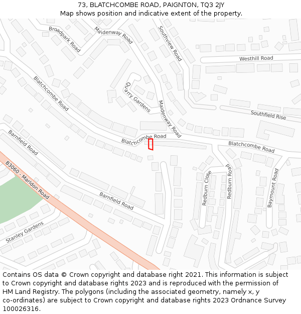 73, BLATCHCOMBE ROAD, PAIGNTON, TQ3 2JY: Location map and indicative extent of plot