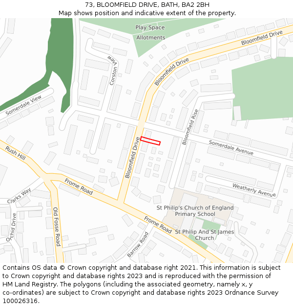 73, BLOOMFIELD DRIVE, BATH, BA2 2BH: Location map and indicative extent of plot