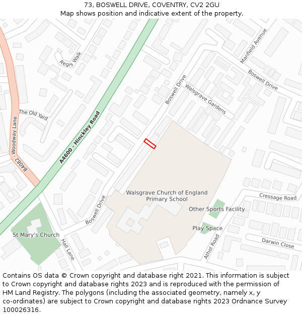 73, BOSWELL DRIVE, COVENTRY, CV2 2GU: Location map and indicative extent of plot