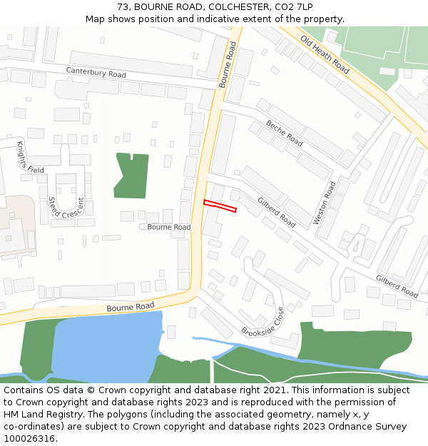 73, BOURNE ROAD, COLCHESTER, CO2 7LP: Location map and indicative extent of plot