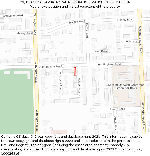 73, BRANTINGHAM ROAD, WHALLEY RANGE, MANCHESTER, M16 8SA: Location map and indicative extent of plot