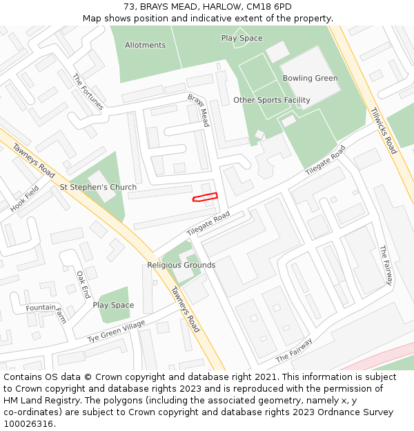 73, BRAYS MEAD, HARLOW, CM18 6PD: Location map and indicative extent of plot