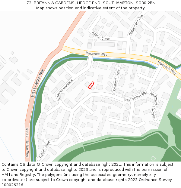 73, BRITANNIA GARDENS, HEDGE END, SOUTHAMPTON, SO30 2RN: Location map and indicative extent of plot