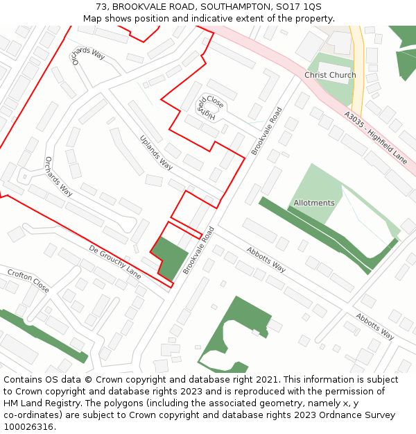 73, BROOKVALE ROAD, SOUTHAMPTON, SO17 1QS: Location map and indicative extent of plot