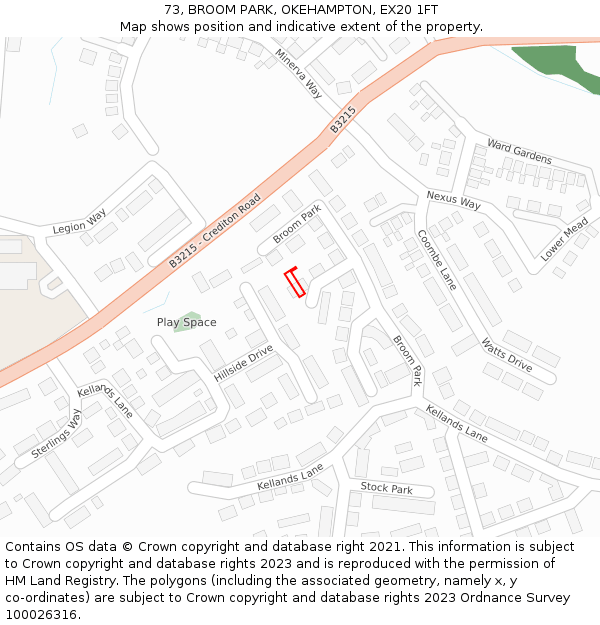 73, BROOM PARK, OKEHAMPTON, EX20 1FT: Location map and indicative extent of plot