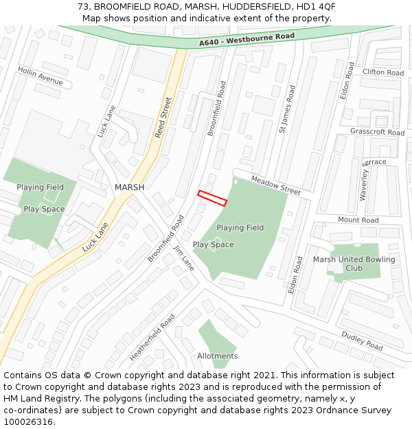 73, BROOMFIELD ROAD, MARSH, HUDDERSFIELD, HD1 4QF: Location map and indicative extent of plot