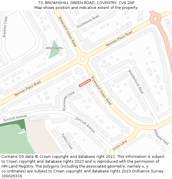 73, BROWNSHILL GREEN ROAD, COVENTRY, CV6 2AP: Location map and indicative extent of plot