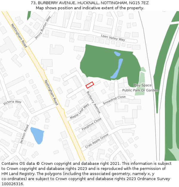 73, BURBERRY AVENUE, HUCKNALL, NOTTINGHAM, NG15 7EZ: Location map and indicative extent of plot