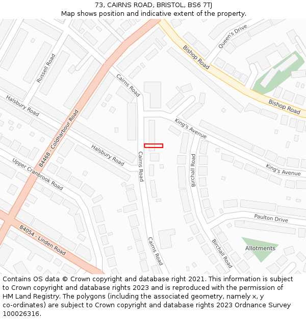73, CAIRNS ROAD, BRISTOL, BS6 7TJ: Location map and indicative extent of plot
