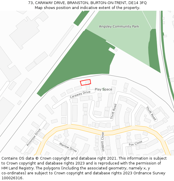 73, CARAWAY DRIVE, BRANSTON, BURTON-ON-TRENT, DE14 3FQ: Location map and indicative extent of plot