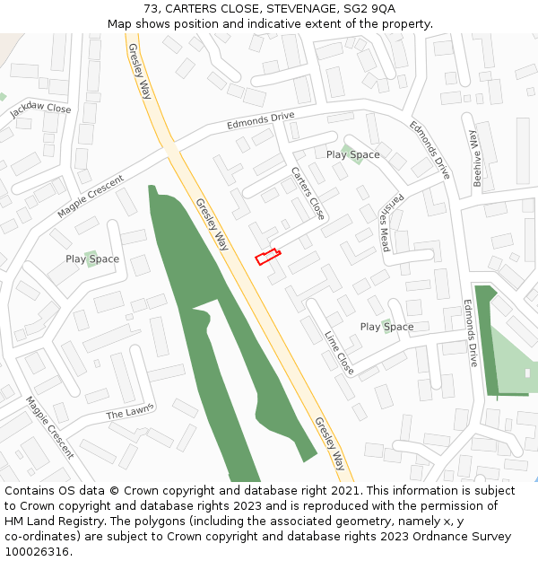 73, CARTERS CLOSE, STEVENAGE, SG2 9QA: Location map and indicative extent of plot