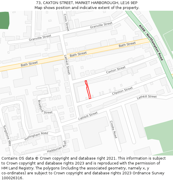 73, CAXTON STREET, MARKET HARBOROUGH, LE16 9EP: Location map and indicative extent of plot