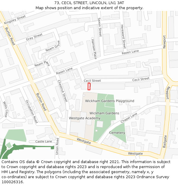 73, CECIL STREET, LINCOLN, LN1 3AT: Location map and indicative extent of plot