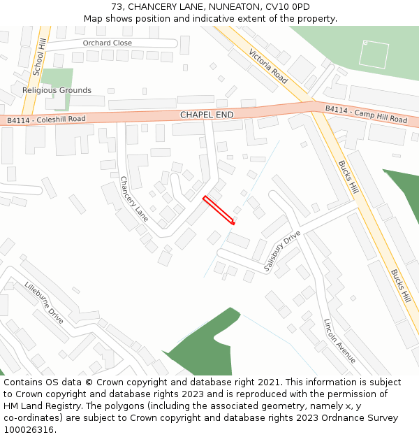 73, CHANCERY LANE, NUNEATON, CV10 0PD: Location map and indicative extent of plot