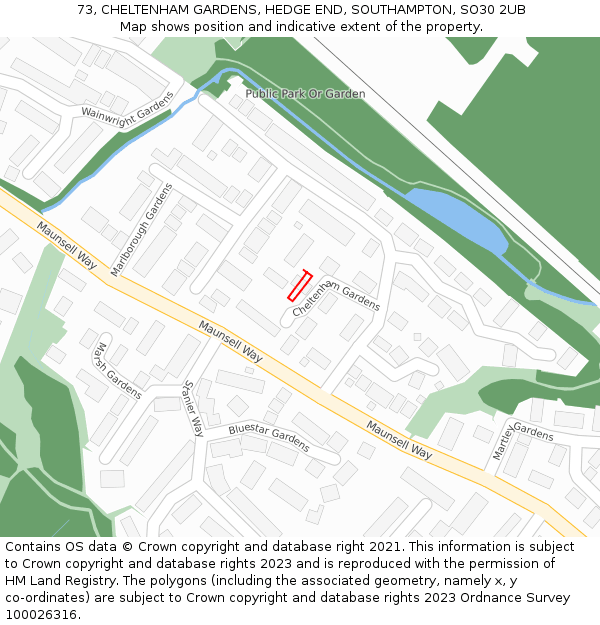 73, CHELTENHAM GARDENS, HEDGE END, SOUTHAMPTON, SO30 2UB: Location map and indicative extent of plot