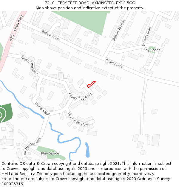 73, CHERRY TREE ROAD, AXMINSTER, EX13 5GG: Location map and indicative extent of plot