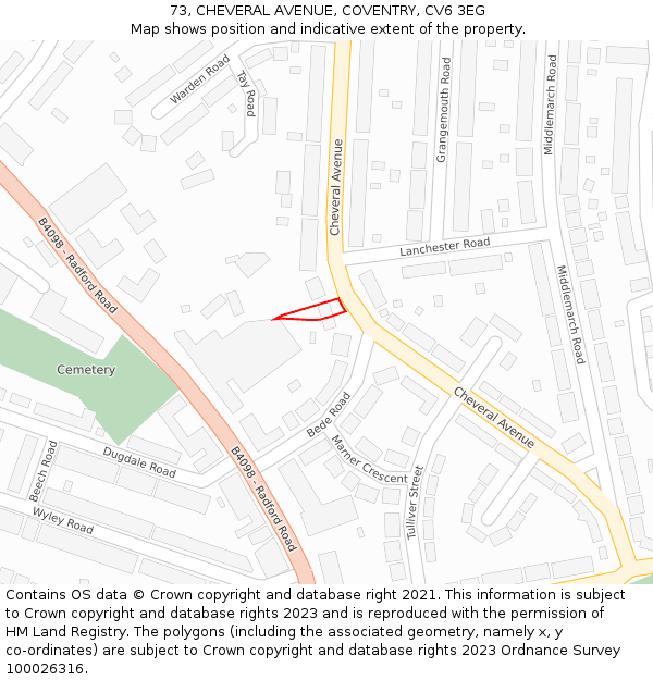 73, CHEVERAL AVENUE, COVENTRY, CV6 3EG: Location map and indicative extent of plot