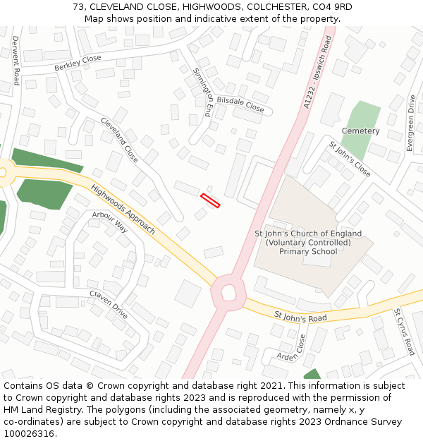 73, CLEVELAND CLOSE, HIGHWOODS, COLCHESTER, CO4 9RD: Location map and indicative extent of plot